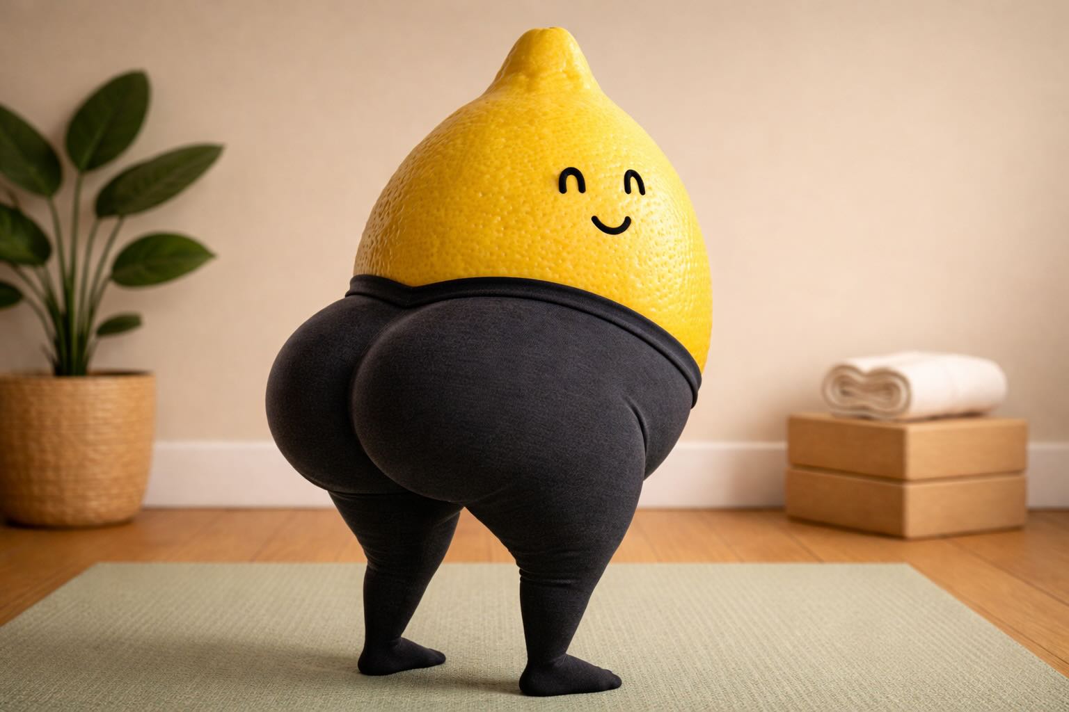 Photorealistic lemon character doing tree pose on a yoga mat