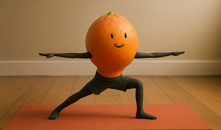 Photorealistic lemon character doing tree pose on a yoga mat