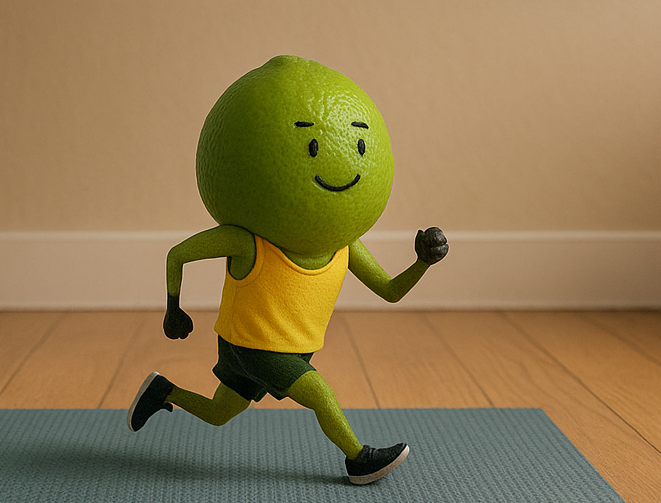 Photorealistic lime character running in athleisure