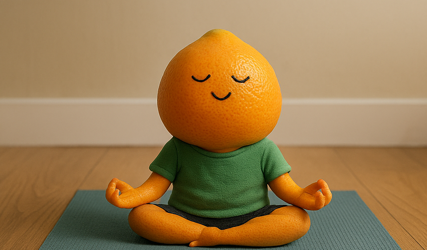 Photorealistic grapefruit character in warrior pose on a yoga mat